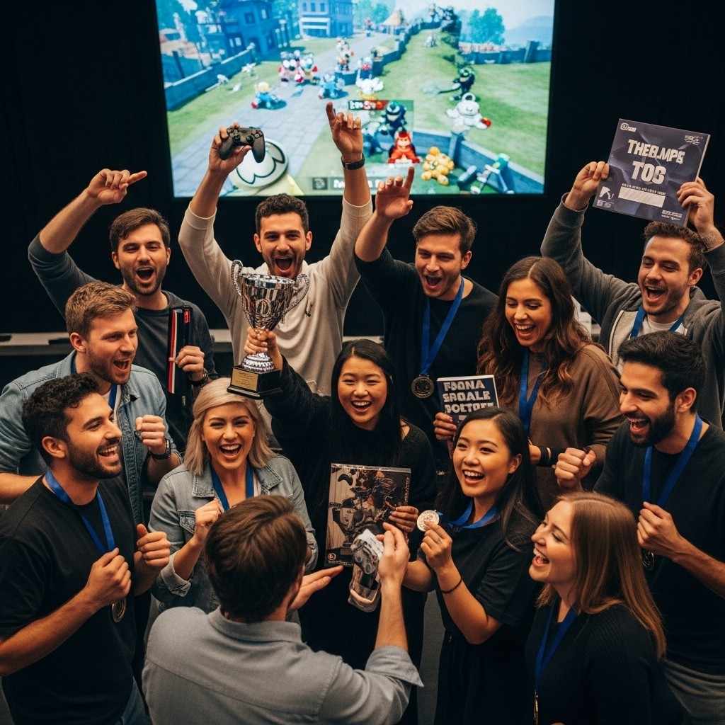 Group of diverse people celebrating a gaming tournament win