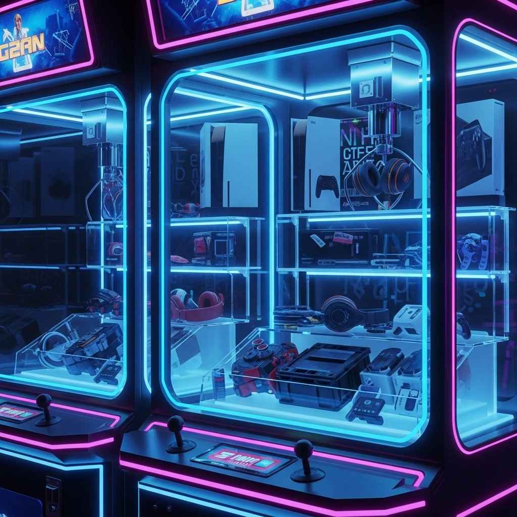 3D render of a futuristic claw machine with glowing prizes
